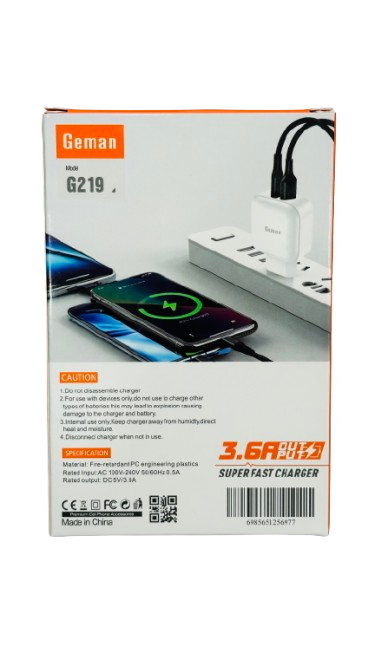 Geman G219 Dual USB Charger 3.6A (EU) | Auto‑ID, USB‑C